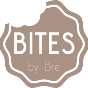 A brown and white logo for bites by bre with no background